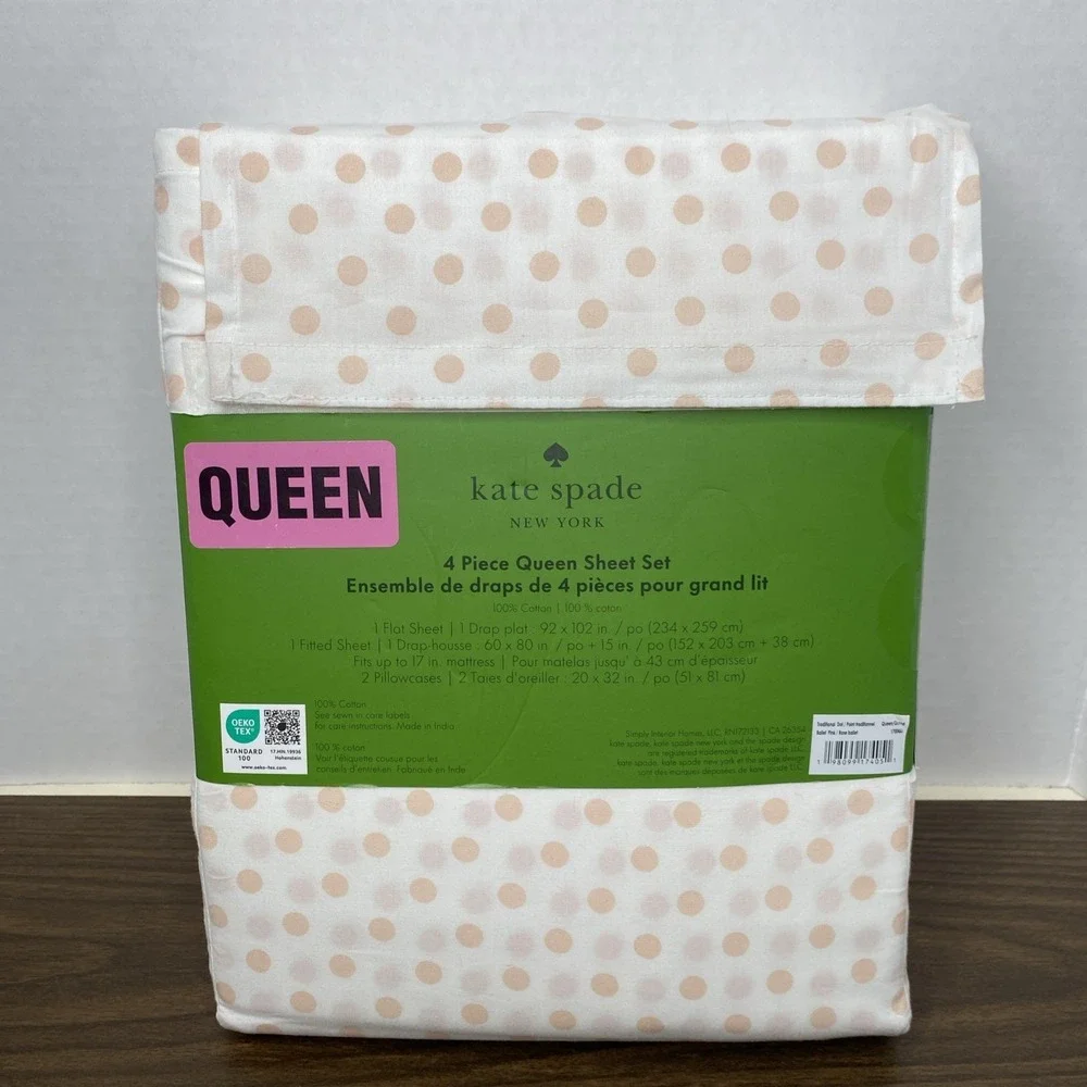NEW 4pc Kate Spade Queen Sheet Set BALLET PINK TRADITIONAL DOTS 100% Cotton